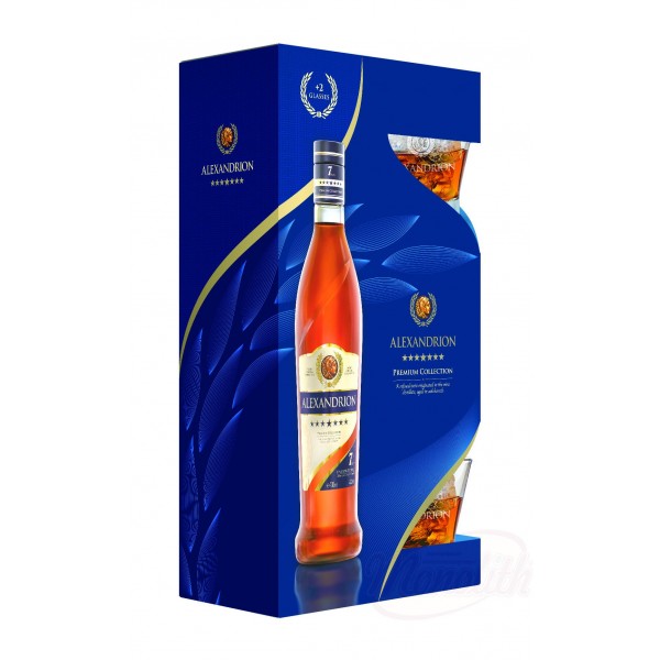 Set Cognac rumano "Alexandrion" 7 estrellas 40% vol. 0.7L + 2 vasos
